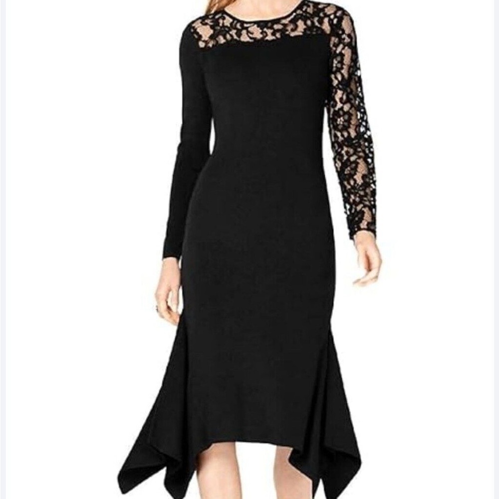 INC Bodycon Long Sleeve Knit Midi Dress Black Mermaid Black Petite Sz L Feminine